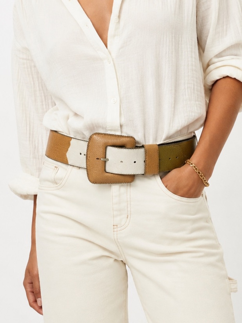 Vintage Sandy Duftler Designs 1999 Wide Leather Statement Belt Tan White Olive